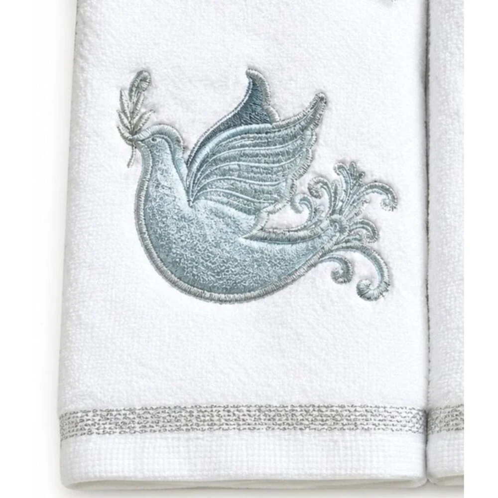 Christmas Fingertip Towels Set of 2 Peace Dove Embroidered Blue Guest Bath
